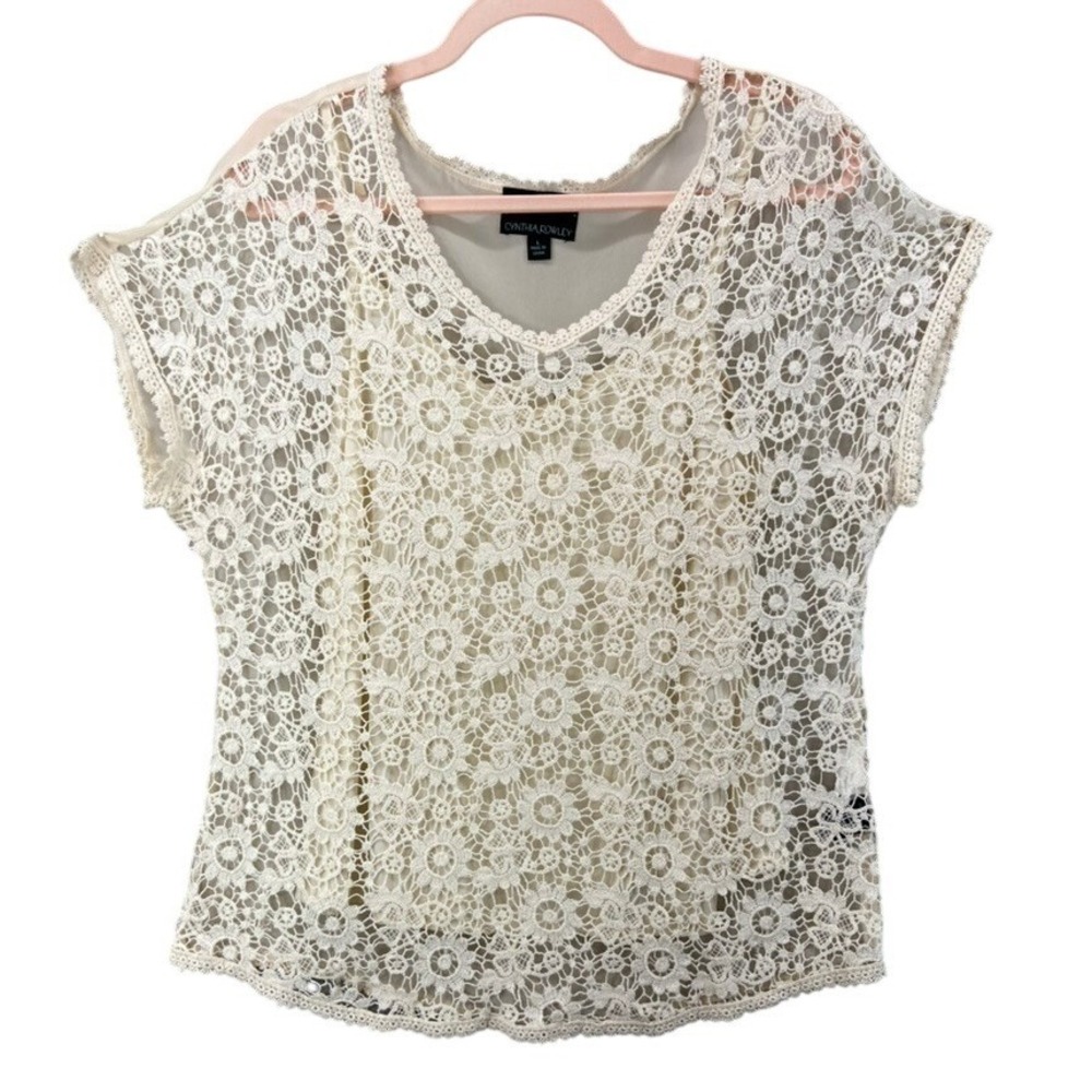 Cynthia Rowley Shirt L Crochet Lace Cream Floral V-Neck Tank Under Boho Coquette
